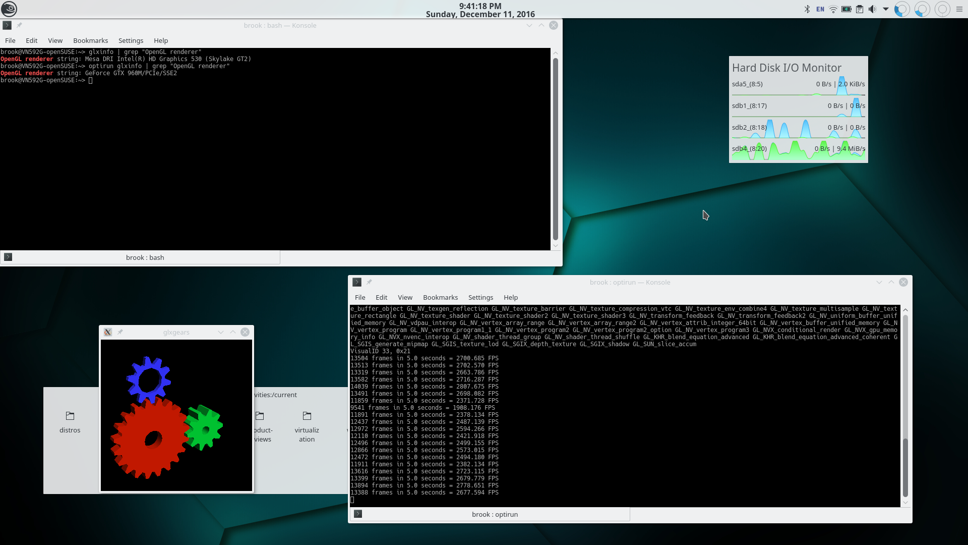 Verifying Proper Installation and Configuration of Intel/Nvidia Hybrid Graphics on openSUSE Tumbleweed. The screenshot shows openSUSE Tumbleweed with KDE Plasma 5. In the top left corner a <samp>Konsole</samp> terminal is showing the output of glxinfo | grep 'OpenGL renderer' and glxinfo | grep 'OpenGL renderer'. In the first case glxinfo is using the default graphics processor and shows that the Intel HD Graphics 530 is the 'OpenGL renderer'. In the second case glxinfo shows that the 'OpenGL renderer' is the [Nvidia] GeForce GTX 960M -- the discrete processor. The <samp>Konsole</samp> terminal at the lower right shows the framerates when using the discrete graphics card -- over approximately forty times higher framrates.