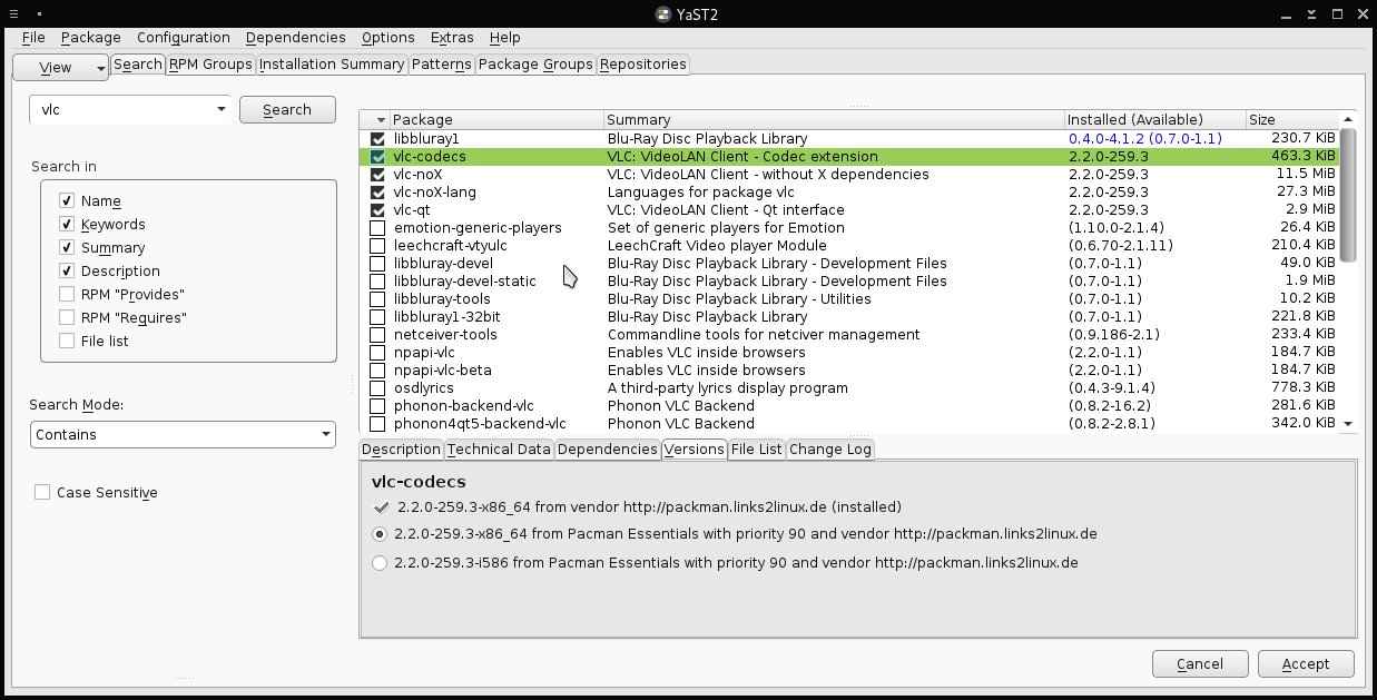 YaST Software Management module showing source of the vlc-codecs package