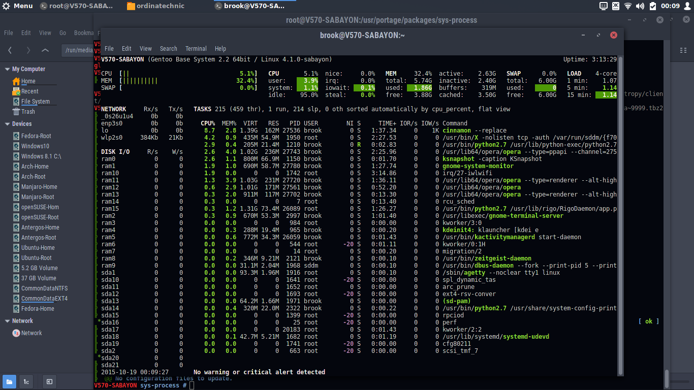 the newly built and installed glances running in GNOME Terminal Sabayon 15.10 Cinnamon