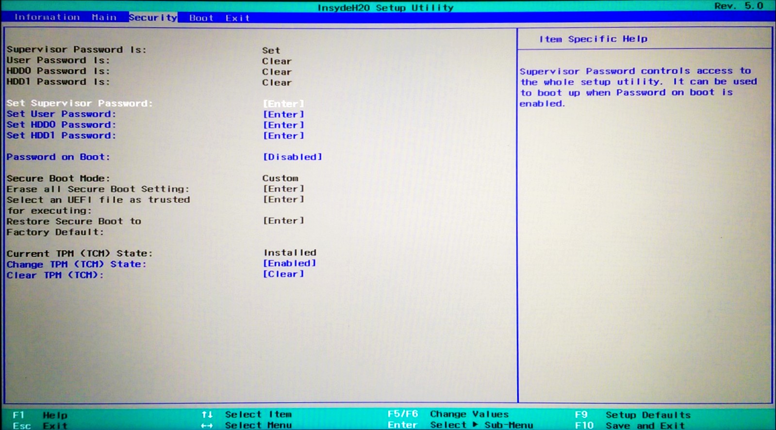 The Security Page of the Insyde H20 UEFI Interface. This page of the interface allows the user installed firmware boot managers to be trusted. This must be done for each GRUB installed with a Linux distribution in order for it to run at boot.