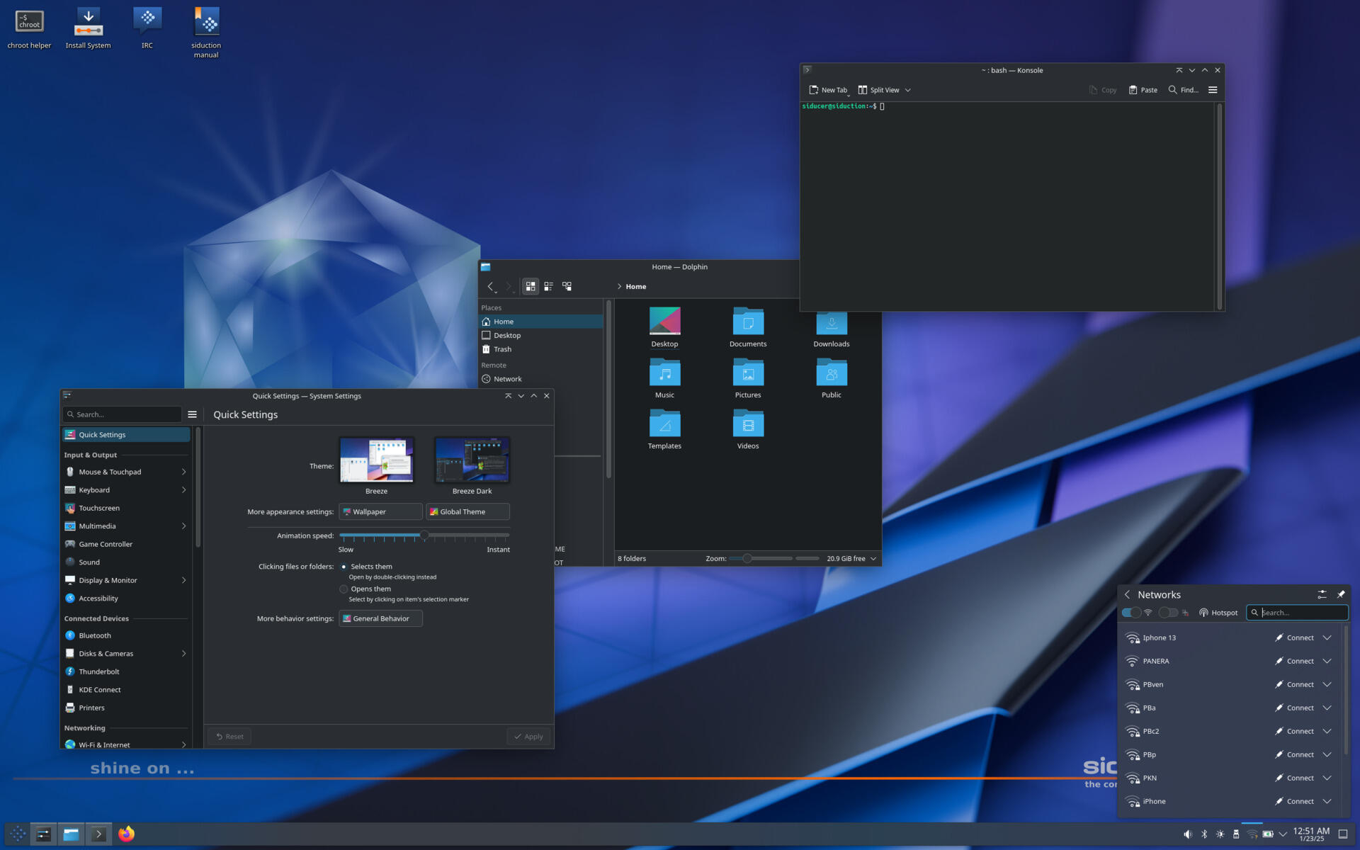 The look and feel of Siduction Linux 2024.1.0 (Shine on ...). KDE Plasma Edition